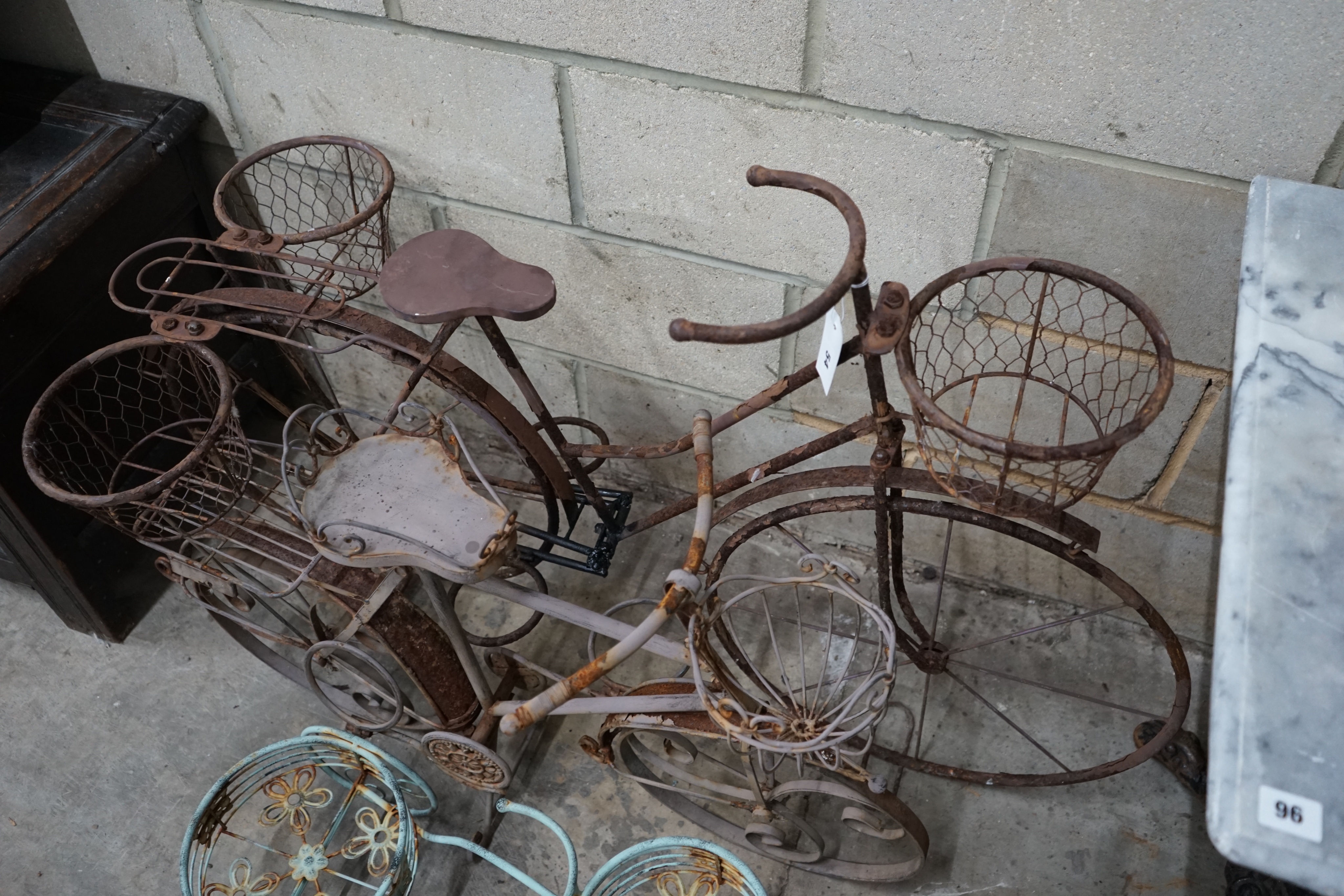 Three wirework bicycle garden planters, longest 120cm